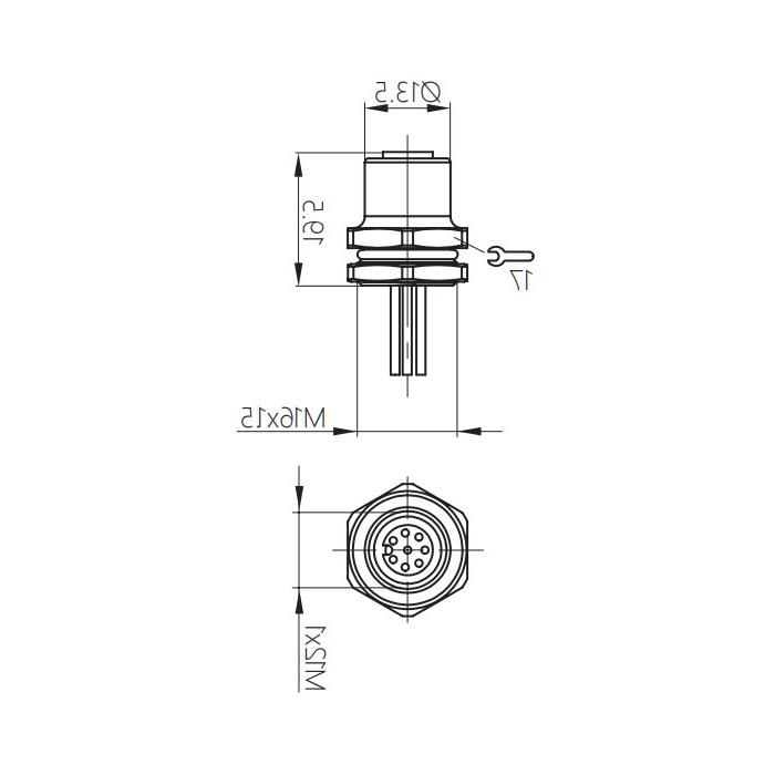 M12 8Pin、公头直型、法兰插座、板前安装、适用于PCB安装、64SB21P